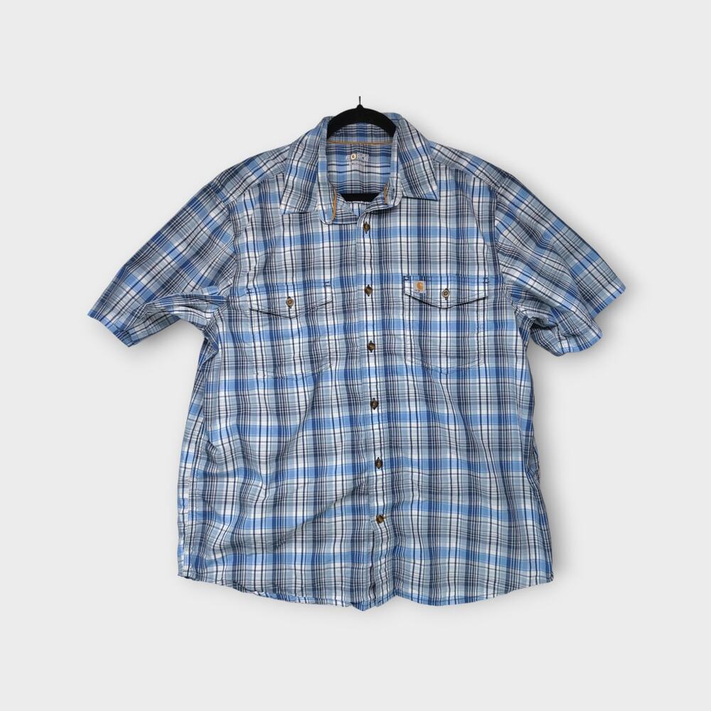 Men Carhartt FORCE Relaxed Fit Short Sleeve Button Up Blue & White Plaid Size XL - Picture 2 of 6